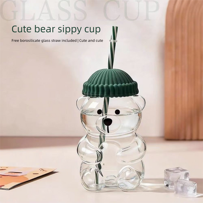Creative Bear Shape Glass Water Bottle with Straw Cute Cartoon Coffee Cup and Cold Drink Tumbler – Pink Hat Bear Edition - Image 2