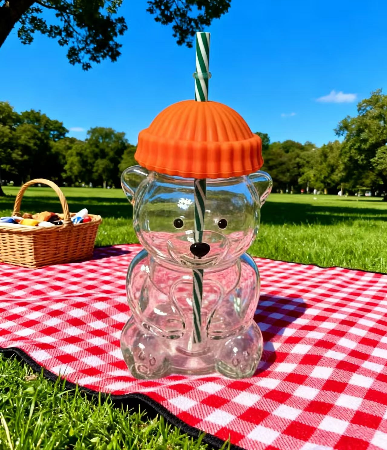 Creative Bear Shape Glass Water Bottle with Straw Cute Cartoon Coffee Cup and Cold Drink Tumbler – Orange Hat Bear Edition