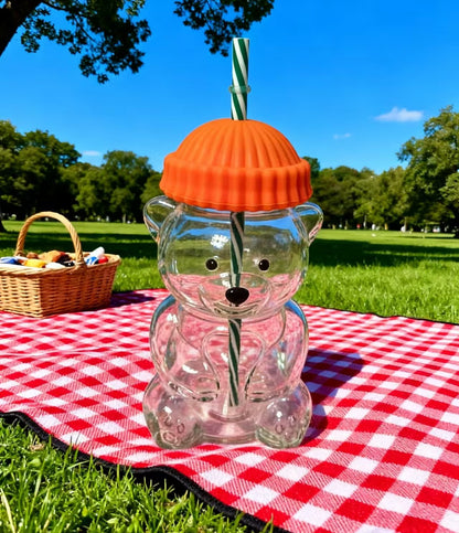 Creative Bear Shape Glass Water Bottle with Straw Cute Cartoon Coffee Cup and Cold Drink Tumbler – Orange Hat Bear Edition
