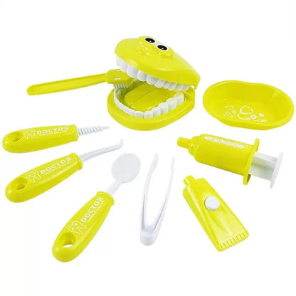 9 Piece Kids Dentist Pretend Play Set - Yellow Educational Medical Kit with Teeth Model, Toothbrush & Tools - Oral Hygiene Learning Toy for Toddlers & Preschoolers