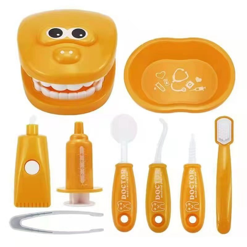 9 Piece Kids Dentist Pretend Play Set - Orange Educational Medical Kit with Teeth Model, Toothbrush & Tools - Oral Hygiene Learning Toy for Toddlers & Preschoolers