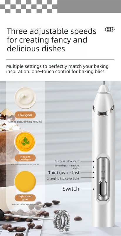 Rechargeable 3-in-1 Handheld Milk Frother Set - Electric Whisk with Egg Beater & Mixing Hook - 3 Speed Adjustable Foam Maker for Coffee, Lattes, Baking & Baby Food (Black) - Image 3