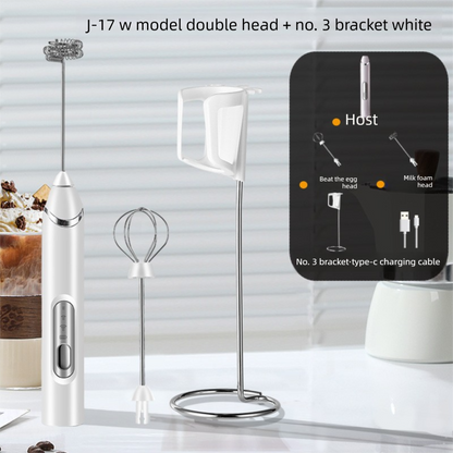 Rechargeable Electric Milk Frother with Metal Stand - Handheld Foam Maker & Egg Beater Set - 3 Speed Mixer with 2 Stainless Steel Whisks for Flat Whites, Lattes & Baking (White)