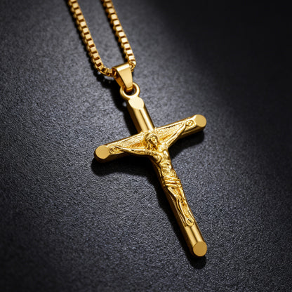Men's Vintage Gold Cross Pendant Necklace Stainless Steel Titanium Steel Sweater Chain – Luxury Gold Finish with 60cm Box Chain - Image 3
