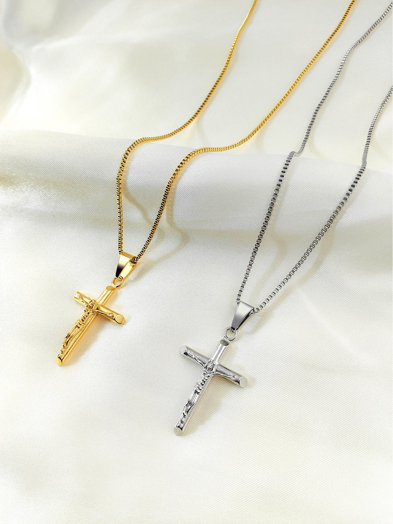 Men's Vintage Cross Pendant Necklace 2-Piece Set – Includes Classic Steel & Luxury Gold Titanium Steel Chains (60cm Box Chain) - Image 2