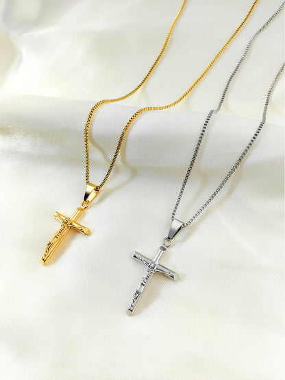 Men's Vintage Cross Pendant Necklace 2-Piece Set – Includes Classic Steel & Luxury Gold Titanium Steel Chains (60cm Box Chain) - Image 2