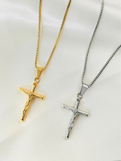 Men's Vintage Cross Pendant Necklace 2-Piece Set – Includes Classic Steel & Luxury Gold Titanium Steel Chains (60cm Box Chain) - Image 3