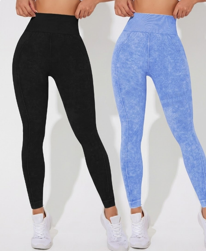 Seamless High Waisted Yoga Leggings 2 PCS Solid Black and Sand Washed Blue Size XL Moisture Wicking Activewear