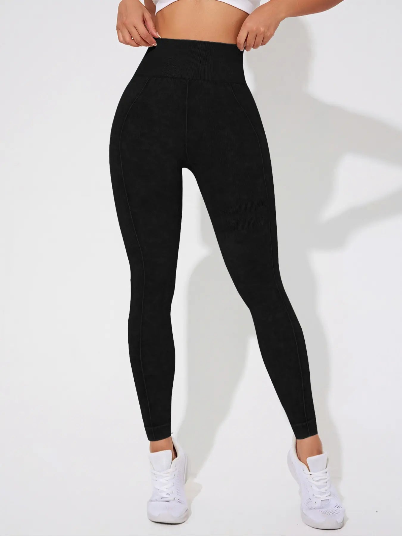 Seamless High Waisted Yoga Leggings 2 PCS Solid Black and Sand Washed Blue Size XL Moisture Wicking Activewear - Image 2