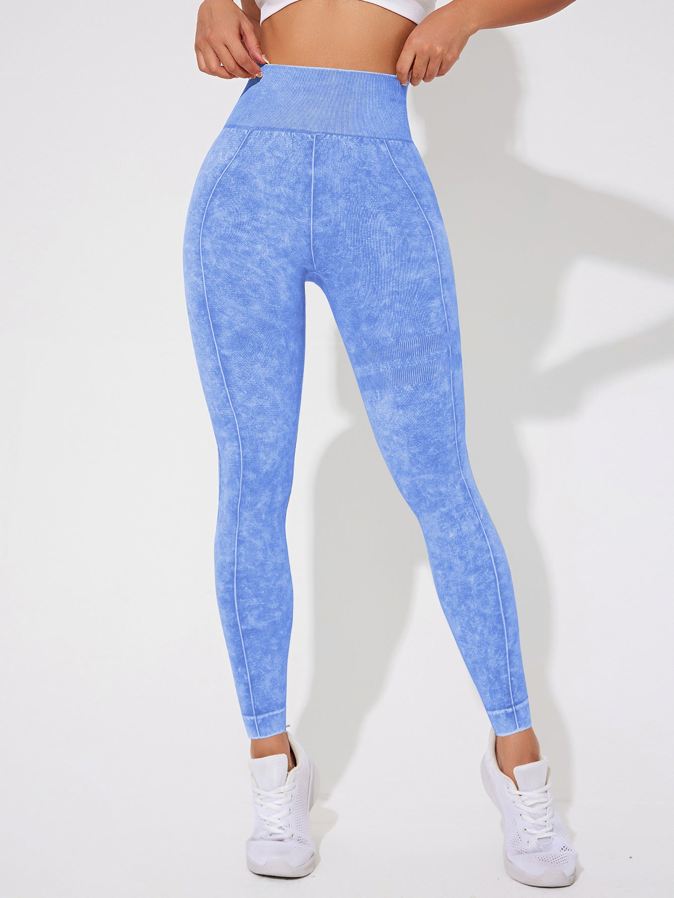 Seamless High Waisted Yoga Leggings 2 PCS Solid Black and Sand Washed Blue Size XL Moisture Wicking Activewear - Image 3