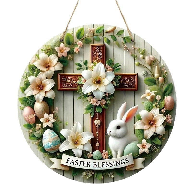 Easter Wooden Door Sign & Hanging Ornament 3-Piece Set – Festive Bunny, Tulip Flower Cart, and Rose Teacup Bunny Designs - Image 2