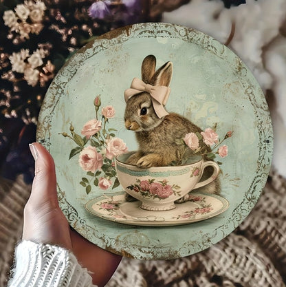 Easter Wooden Door Sign & Hanging Ornament 3-Piece Set – Bowknot Teacup Bunny, Twin Grey Rabbits, and Floral Wreath Bunny Designs - Image 2