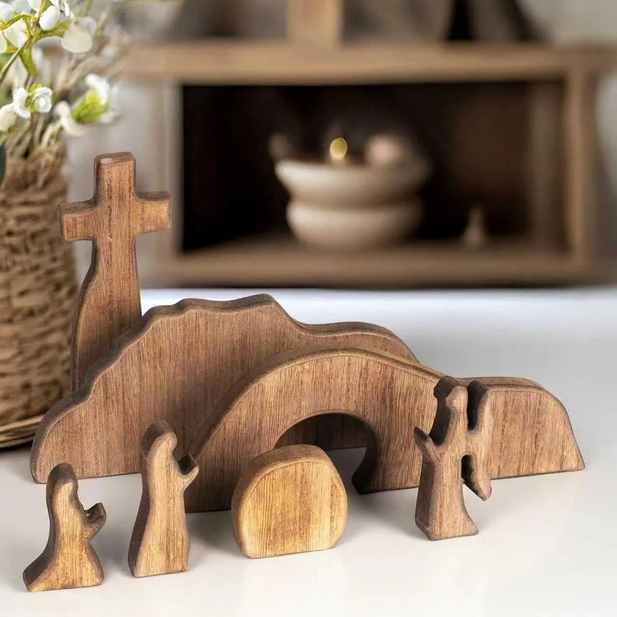 Easter Resurrection Scene Set Mini Wooden Figurine Ornament – Handcrafted Cross & Tomb Creative Tabletop Decoration