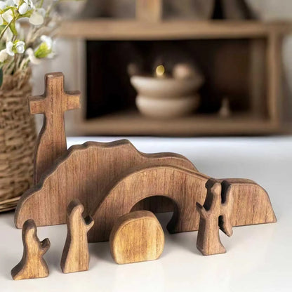 Easter Resurrection Scene Set Mini Wooden Figurine Ornament – Handcrafted Cross & Tomb Creative Tabletop Decoration