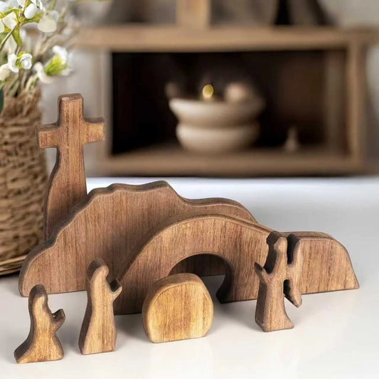 Easter Resurrection Scene Set Mini Wooden Figurine Ornament – Handcrafted Cross & Tomb Creative Tabletop Decoration