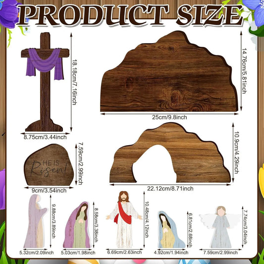 Easter Resurrection Scene Set Mini Wooden Figurine Ornament – Detailed Cross & Empty Tomb Creative Tabletop Decoration  - Image 2