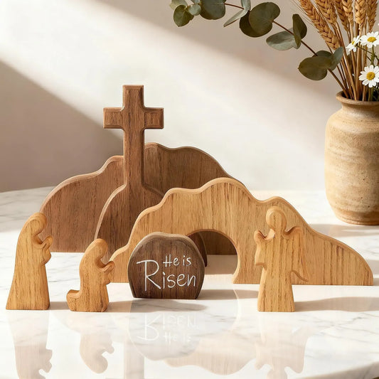 Easter Resurrection Scene Set Mini Wooden Figurine Ornament – Symbolic Cross & Open Tomb Creative Tabletop Decoration