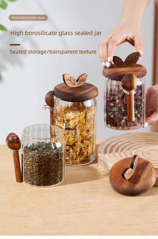800ml Premium Borosilicate Glass Storage Jar with Acacia Wood Lid & Integrated Spoon – Airtight Moisture-Proof Kitchen Canister for Tea, Coffee, and Spices - Image 2