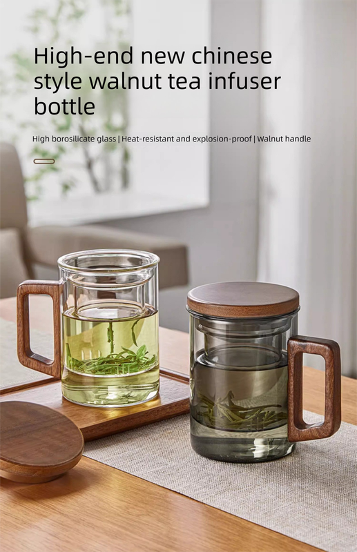 400ml Borosilicate Glass Tea Mug with Infuser and Walnut Wood Handle Clear Loose Leaf Teacup for Home Office - Image 2