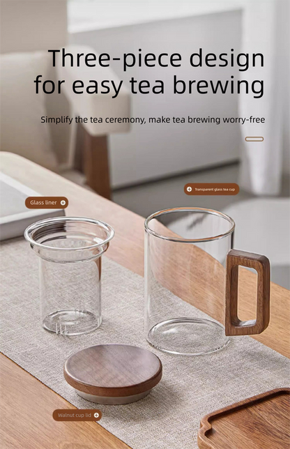 400ml Borosilicate Glass Tea Mug with Infuser and Walnut Wood Handle Clear Loose Leaf Teacup for Home Office - Image 3