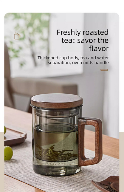 400ml Borosilicate Glass Tea Mug with Infuser and Walnut Wood Handle Clear Loose Leaf Teacup for Home Office - Image 4
