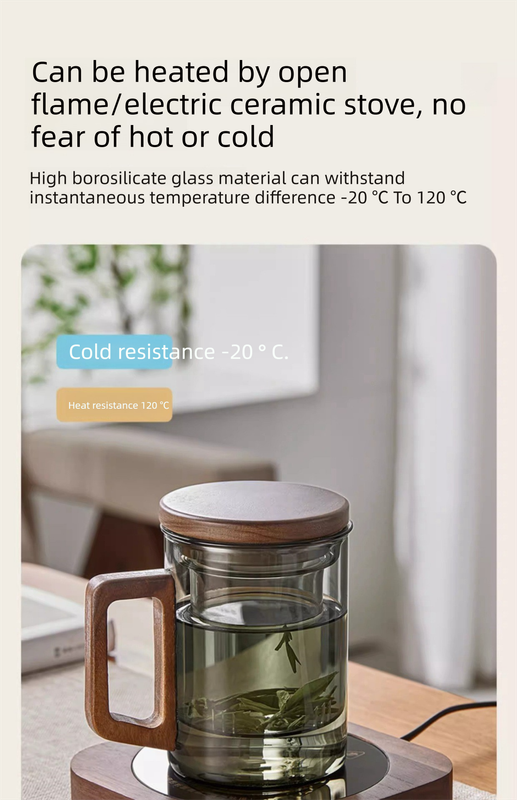 400ml Borosilicate Glass Tea Mug with Infuser and Walnut Wood Handle Clear Loose Leaf Teacup for Home Office - Image 7