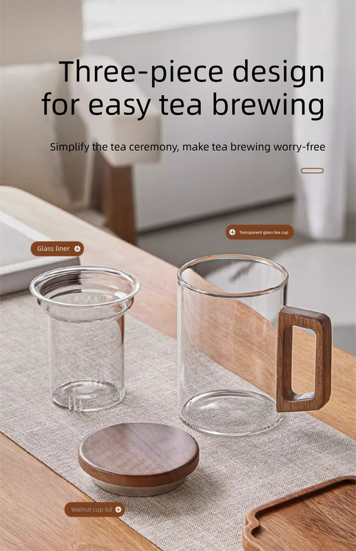 400ml Smoky Grey Borosilicate Glass Tea Mug with Infuser and Wooden Handle Loose Leaf Teacup for Office - Image 3