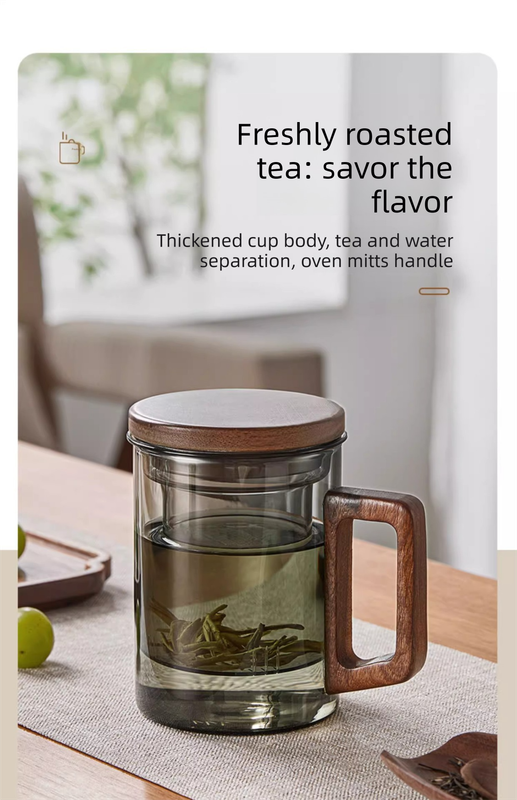 400ml Smoky Grey Borosilicate Glass Tea Mug with Infuser and Wooden Handle Loose Leaf Teacup for Office - Image 4