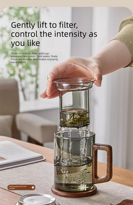 400ml Smoky Grey Borosilicate Glass Tea Mug with Infuser and Wooden Handle Loose Leaf Teacup for Office - Image 6
