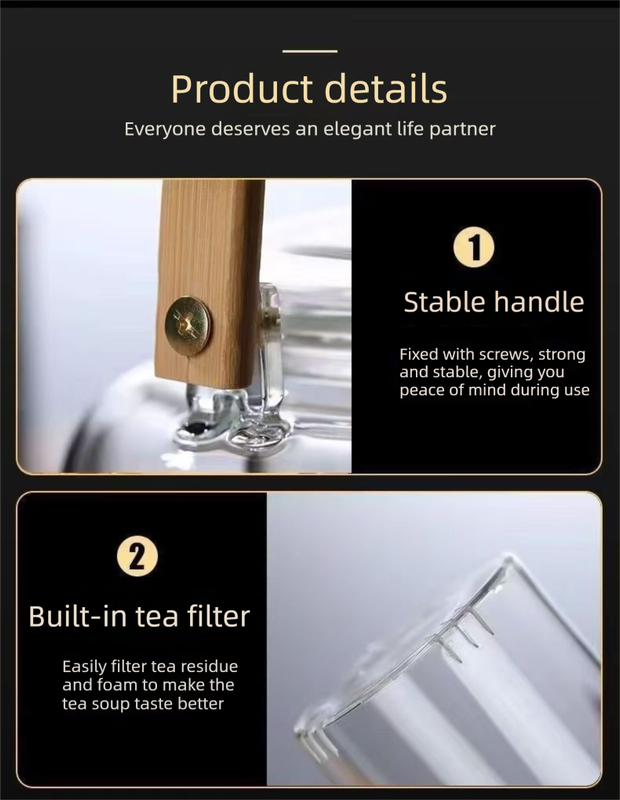 1000ml Heat Resistant Glass Teapot with Bamboo Handle and Glass Infuser Loose Leaf Tea Maker for Home - Image 2