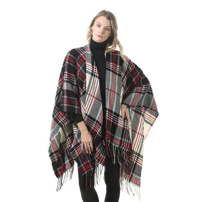 Women's Plaid Open-Front Poncho Cape – Soft Faux Cashmere Scarf Wrap with Tassel Detail (130 x 150cm)Style P26