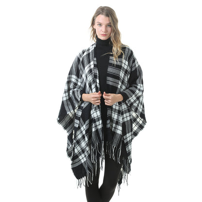 Women's Plaid Open-Front Poncho Cape – Soft Faux Cashmere Scarf Wrap with Tassel Detail (130 x 150cm)- Style P727