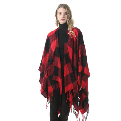Women's Plaid Open-Front Poncho Cape – Soft Faux Cashmere Scarf Wrap with Tassel Detail (130 x 150cm)- Style P398