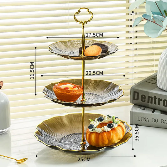 3-Tier Modern Fruit & Snack Stand – Tea-colored Reinforced Tiered Platter with Durable Iron Art Support for Home, Reception, and Office