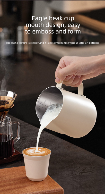 600ml Stainless Steel Milk Frothing Pitcher Pointed Spout Steaming Jug with Measurement Marks for Latte Art Home Baristas White - Image 4