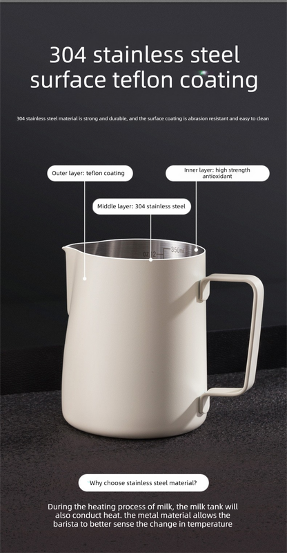 350ml Stainless Steel Milk Frothing Pitcher Pointed Spout Steaming Jug with Measurement Marks for Latte Art Home Baristas White - Image 3