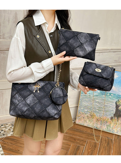4-PCS Plaid Contrast-Color Handbag Set - Large Capacity PU Leather Shoulder Bag with Secure Zipper & Buckle Closure, Stylish Strap & Charms(Black & Grey) - Image 2