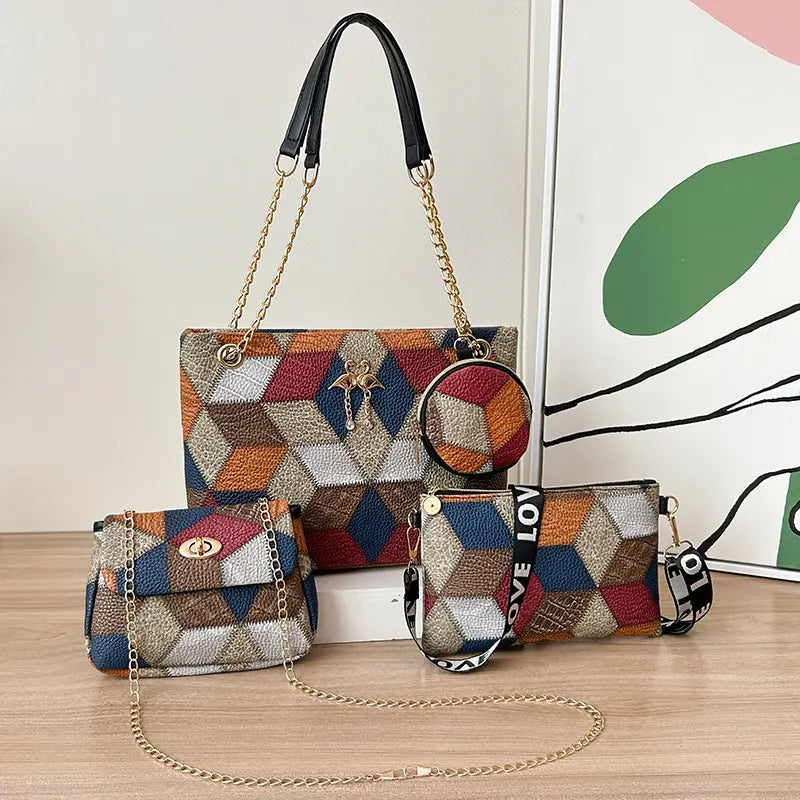 4-PCS Plaid Contrast-Color Handbag Set - Large Capacity PU Leather Shoulder Bag with Secure Zipper & Buckle Closure, Stylish Strap & Charms(Brown & Blue)