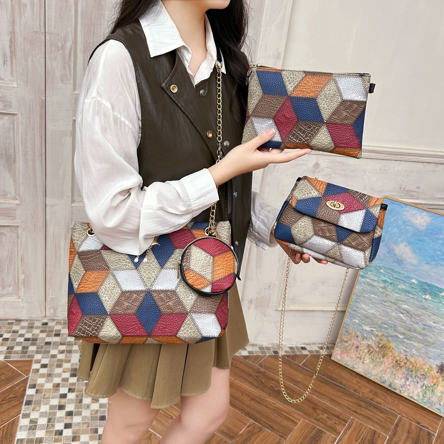 4-PCS Plaid Contrast-Color Handbag Set - Large Capacity PU Leather Shoulder Bag with Secure Zipper & Buckle Closure, Stylish Strap & Charms(Brown & Blue) - Image 2