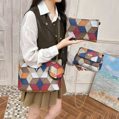 4-PCS Plaid Contrast-Color Handbag Set - Large Capacity PU Leather Shoulder Bag with Secure Zipper & Buckle Closure, Stylish Strap & Charms(Brown & Blue) - Image 2