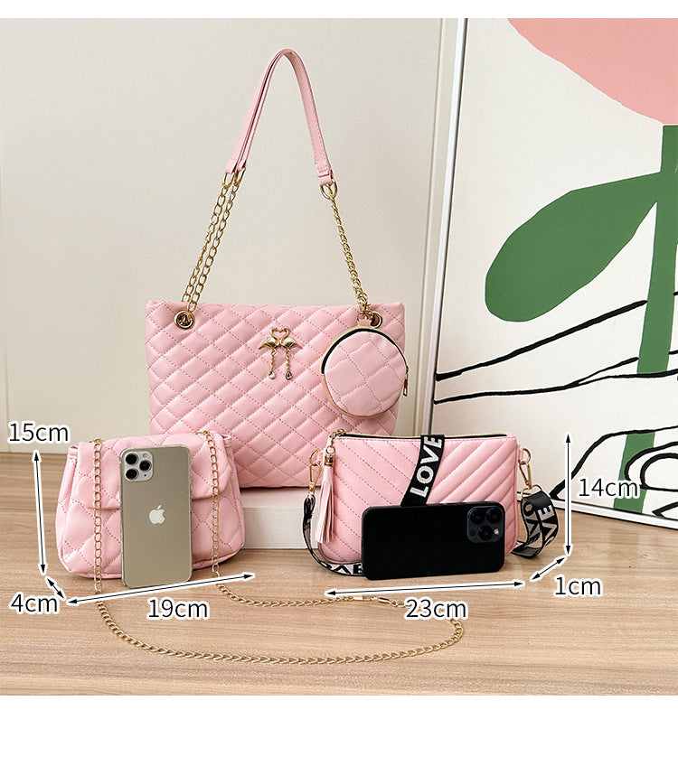 4-PCS Plaid Contrast-Color Handbag Set - Large Capacity PU Leather Shoulder Bag with Secure Zipper & Buckle Closure, Stylish Strap & Charms(Brown & Blue) - Image 3