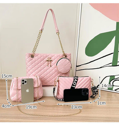 4-PCS Plaid Contrast-Color Handbag Set - Large Capacity PU Leather Shoulder Bag with Secure Zipper & Buckle Closure, Stylish Strap & Charms(Brown & Blue) - Image 3