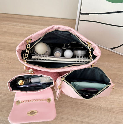 4-PCS Plaid Contrast-Color Handbag Set - Large Capacity PU Leather Shoulder Bag with Secure Zipper & Buckle Closure, Stylish Strap & Charms(Brown & Blue) - Image 6