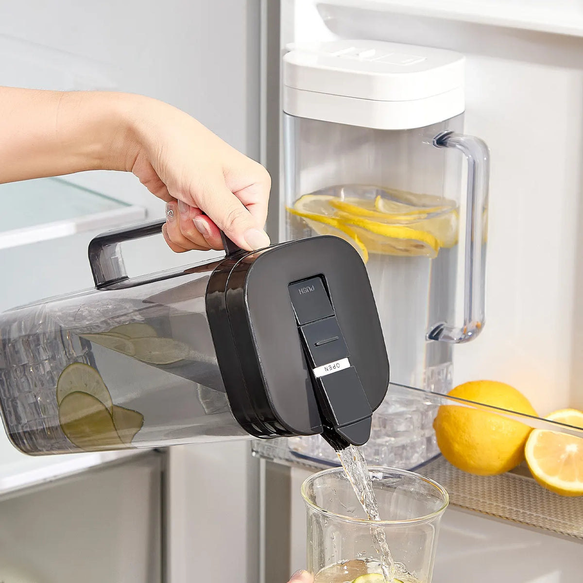 Black 2000ML Leak-Proof Flip-Top Cool Water Pitcher for Refrige Door - Cold/Heat-Resistant Stylish Iced Tea Fruit Infuser Kettle
