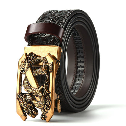 Brown 120CM Men's Genuine Cowhide Vintage Carved Belt with Gold Dragon Design Automatic Sliding Buckle