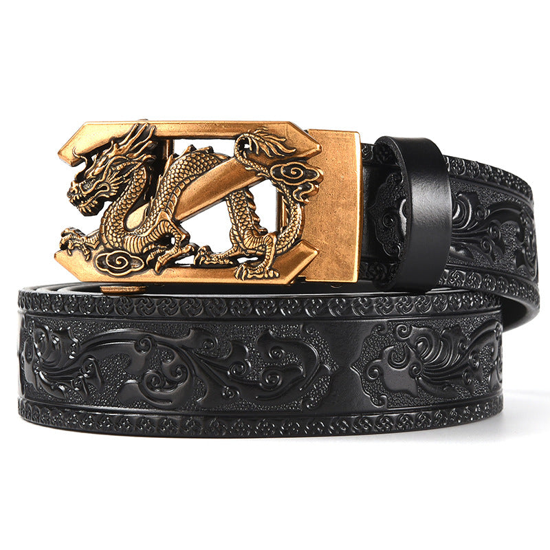 Brown 120CM Men's Genuine Cowhide Vintage Carved Belt with Gold Dragon Design Automatic Sliding Buckle - Image 2