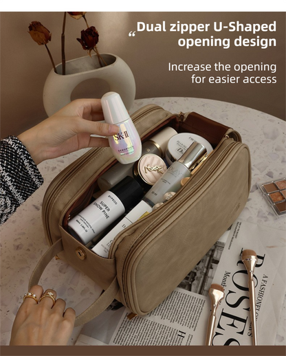 Beige Premium TPU Leather Dual-Zipper Cosmetic Bag with 3 Dry & Wet Separation Zone - Large Capacity Travel Toiletries Organizer - Image 2