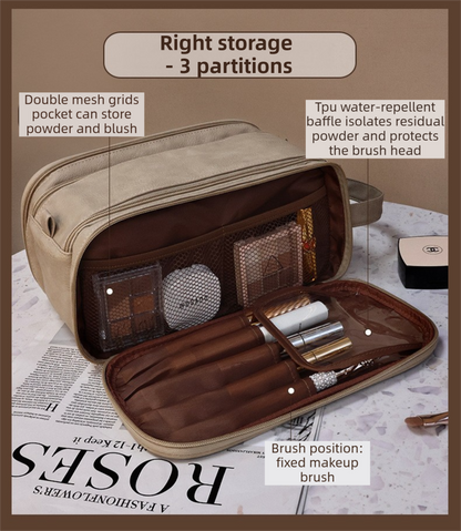 Beige Premium TPU Leather Dual-Zipper Cosmetic Bag with 3 Dry & Wet Separation Zone - Large Capacity Travel Toiletries Organizer - Image 6