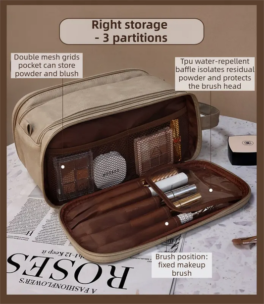Beige Premium TPU Leather Dual-Zipper Cosmetic Bag with 3 Dry & Wet Separation Zone - Large Capacity Travel Toiletries Organizer - Image 6