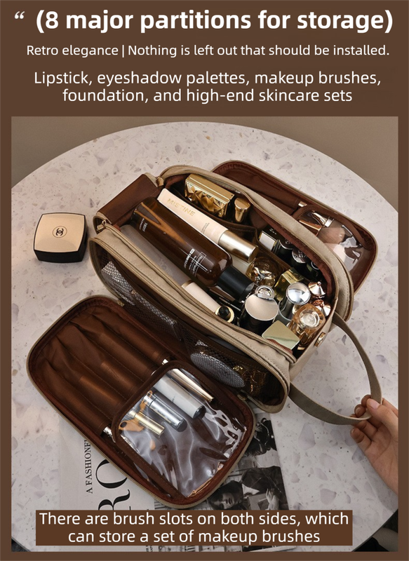Khaki Premium TPU Leather Dual-Zipper Cosmetic Bag with 3 Dry & Wet Separation Zone - Large Capacity Travel Toiletries Organizer - Image 3